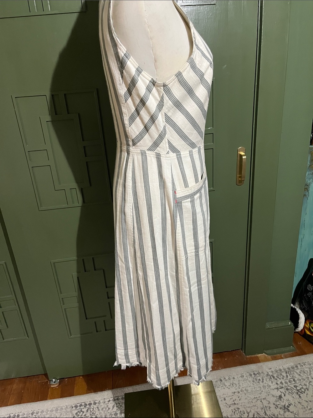 Maeve Vertical Stripe Button-Front Midi Dress in White and Gray Size 4 - Picture 4 of 11